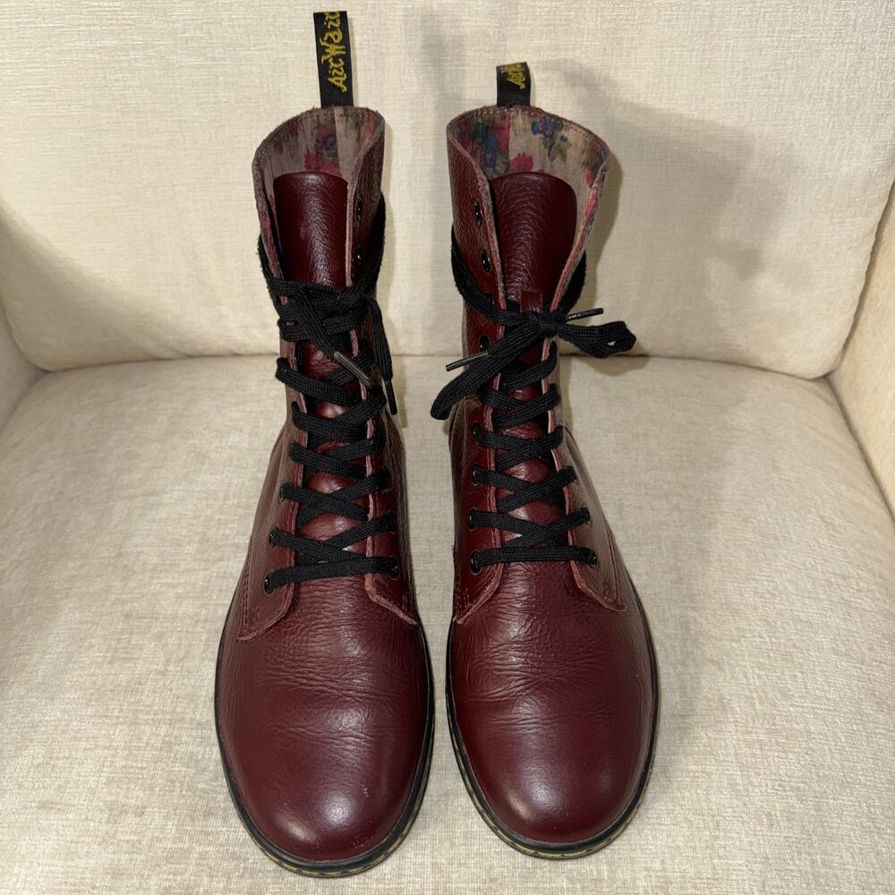 Dr. Martens STRATFORD Burgundy Leather Combat Boot Women 9, Floral Lined Maroon - Picture 5 of 9